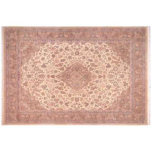 Ivory Shabby Chic Medallion Kashan Pak-Persian Ivory/Brown Wool Rug - 10'1'' X 13'6'' For Sale - Image 8 of 8