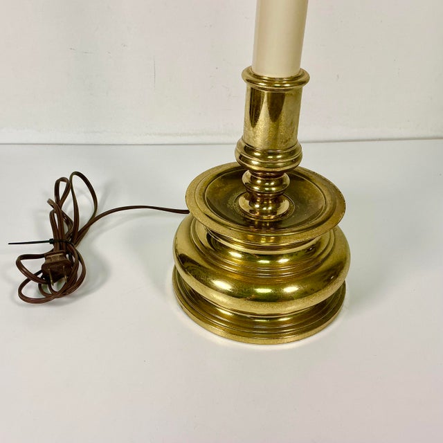 Metal Mid-Century French Regency Neoclassical Candlestick Table Lamp & Reptile Embossed Black Shade For Sale - Image 7 of 13