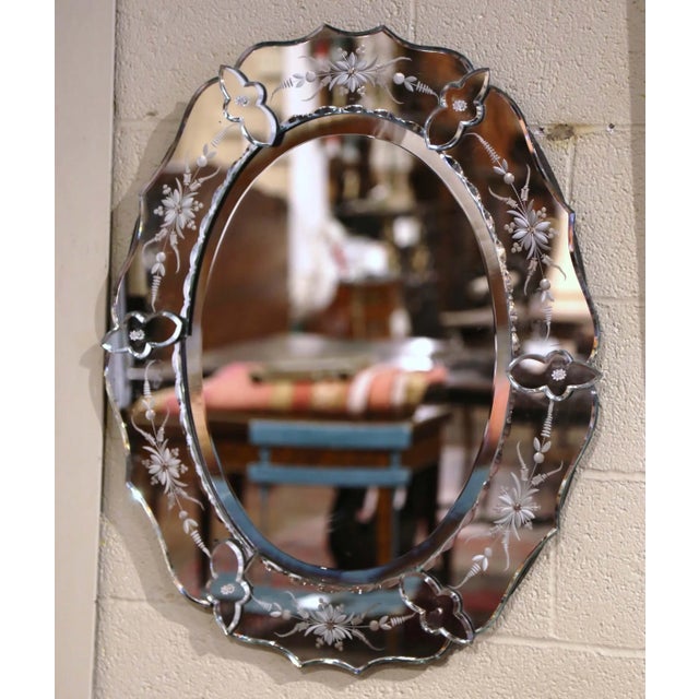 Decorate a powder room or a bedroom with this elegant, antique Venetian mirror. Crafted in Italy, circa 1960 and oval in...