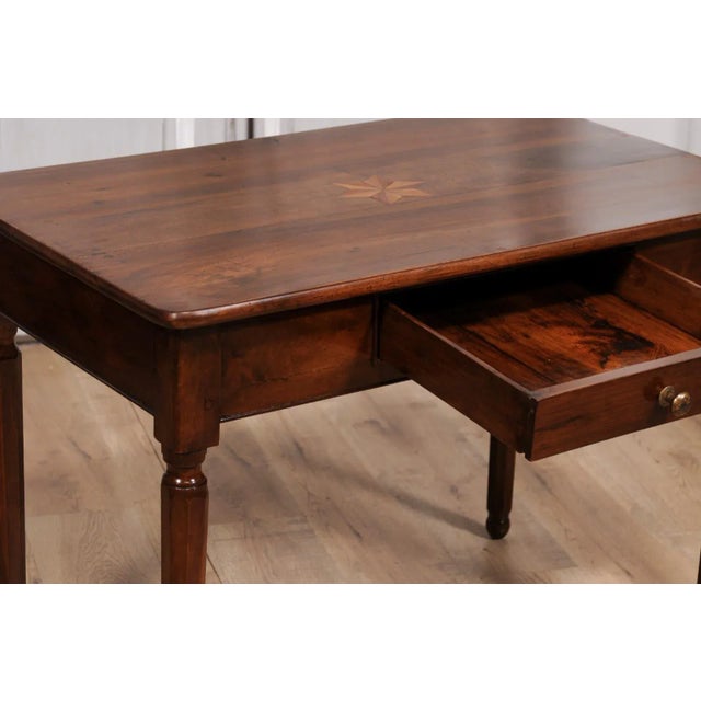 Wood Italian 1890s Walnut Side Table with Elm Marquetry Star, Drawer and Turned Legs For Sale - Image 7 of 12