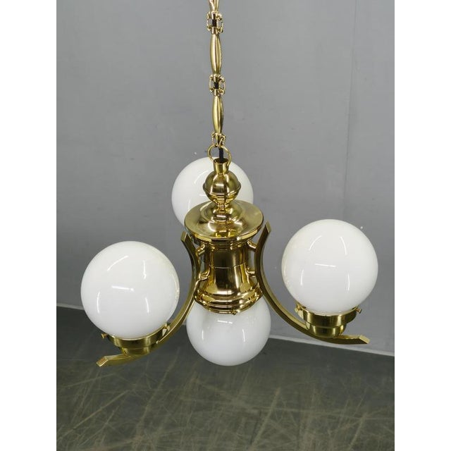 Art Deco Czech Brass Chandelier with Milk Glass Globes, 1930s For Sale - Image 9 of 13
