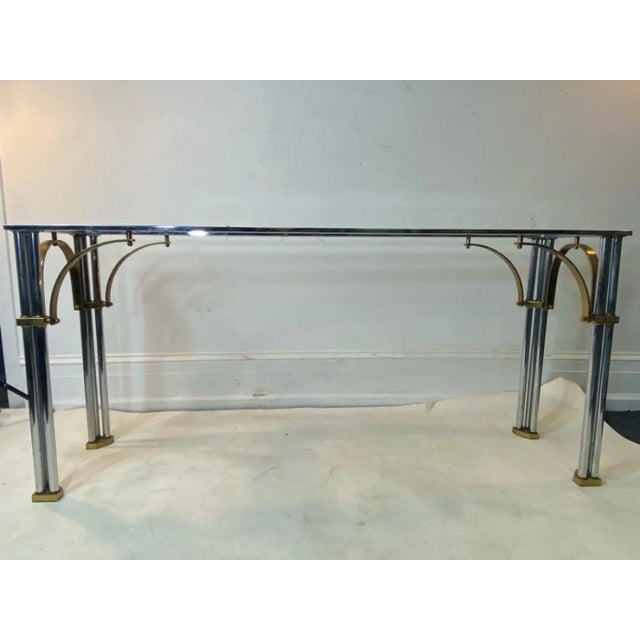 Modernist Chrome And Brass Console With Unusual Triple Chrome Tubular Rod Legs On Solid Brass Foot. Console Has Inset...