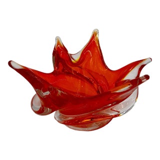 1960s Chalet Swirl Six Finger Orange and Clear Glass Bowl For Sale