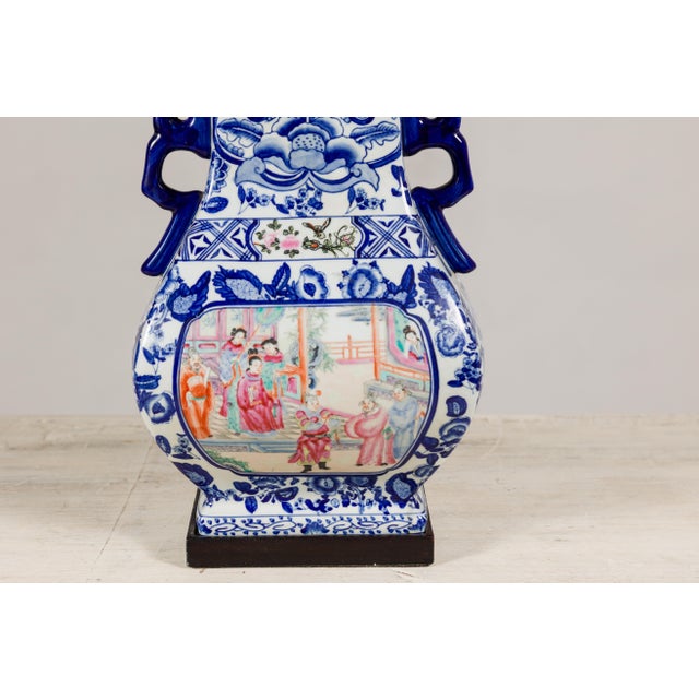Blue Blue and White Porcelain Table Lamp with Hand-Painted Court Scenes For Sale - Image 8 of 12