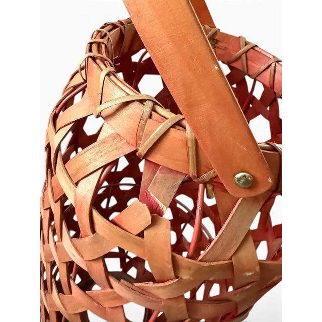 Red Vintage Woven Wood Hurricane Lantern Candle Holder With Glass Insert & Sculptural Handle For Sale - Image 8 of 8