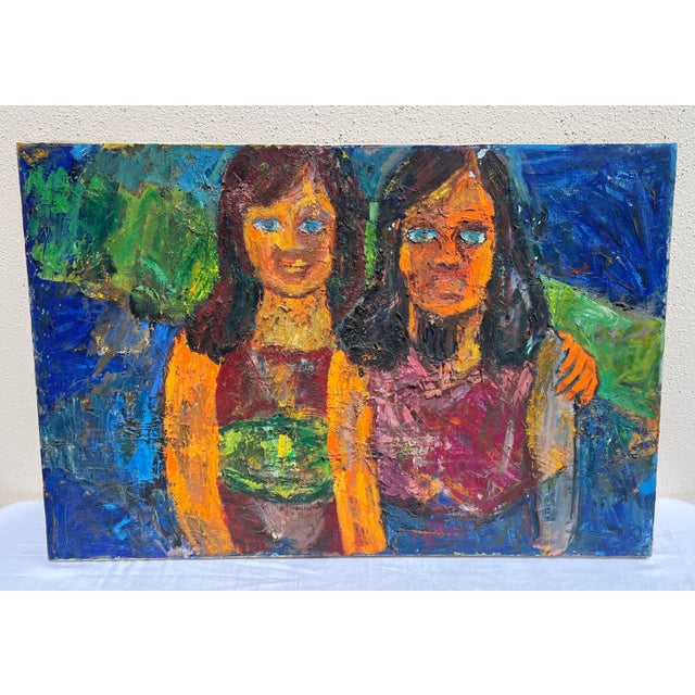 Late 20th Century Vintage Fauvist Figurative Painting of Mother & Daughter For Sale - Image 13 of 13