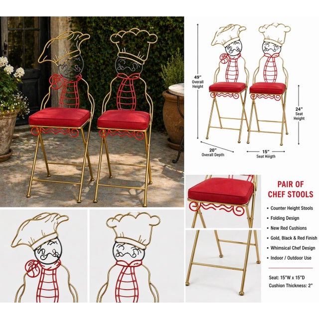 Vintage Whimsical Chef Figural Metal Counter Stools — Pair — Folding Bistro Bar Stools With Ivory Cushions (49” H) For Sale - Image 4 of 6
