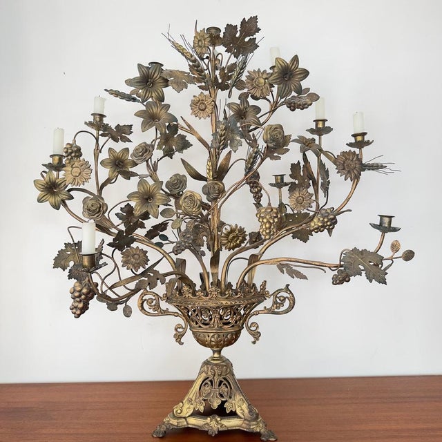 Beautiful antique church candlestick from the late 19th century with 7-armed candle holders, richly decorated with ears of...