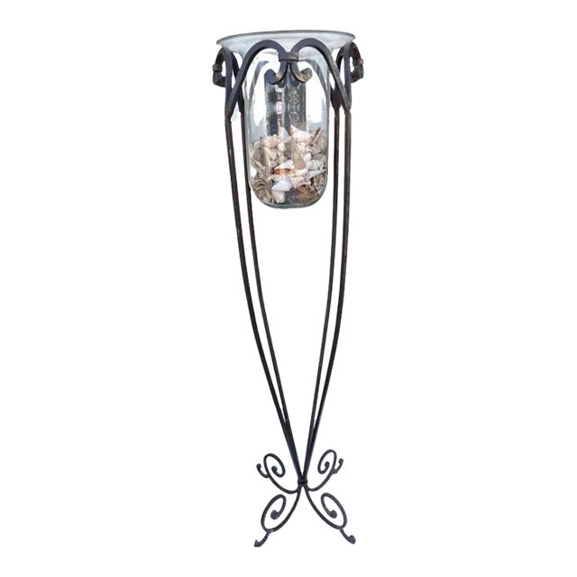 Vintage Early 20th Century Iron and Glass Floor Candle Holder For Sale