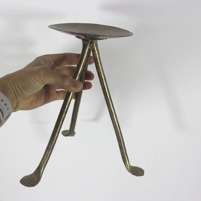 Metal Tall Gilded Gold Metal Large Pillar Candle Holder, Mid Century Modern Wide Tripod Candle, Staging, Decor, Dining Table For Sale - Image 7 of 8