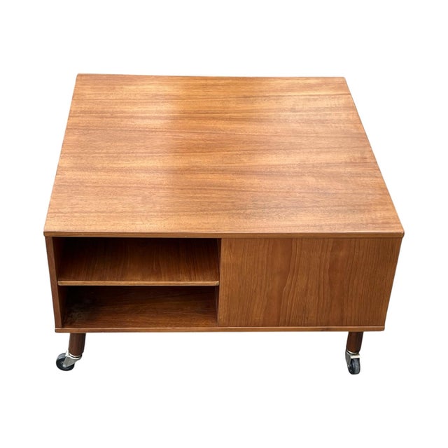 1960s Danish Lovig Square Coffee Table With Drawer, Open Shelves & Original Casters For Sale - Image 16 of 16