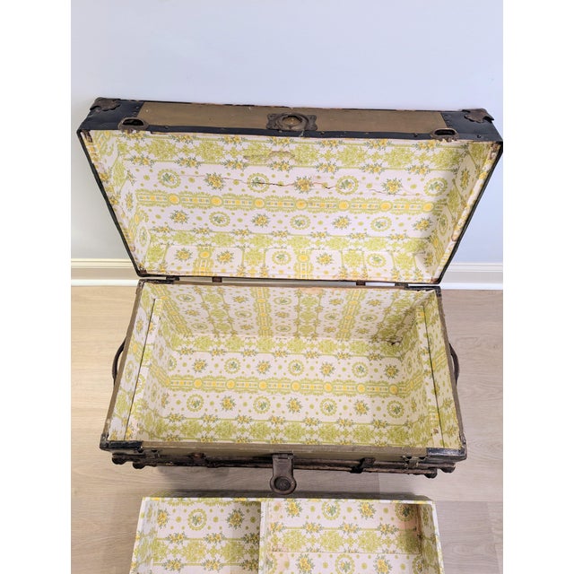 19th Century American Canvas and Oak Flat-Top Steamer Trunk With Lithograph Interior For Sale - Image 4 of 15