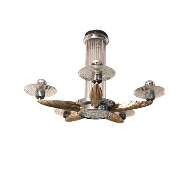 Atelier Petitot Early 20th Century Petitot Signed Bronze, Nickel, Aluminum, Glass Five Arm Skyscraper Chandelier For Sale - Image 4 of 18