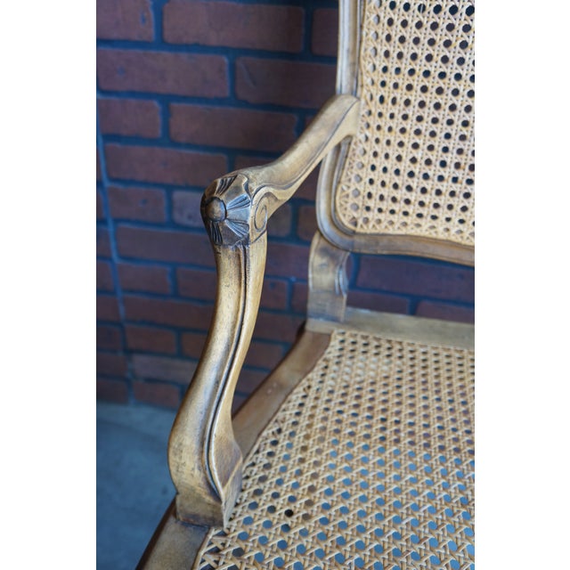 Late 19th Century Antique Carved French Walnut Cane Arm Chairs ~ a Pair For Sale - Image 5 of 12