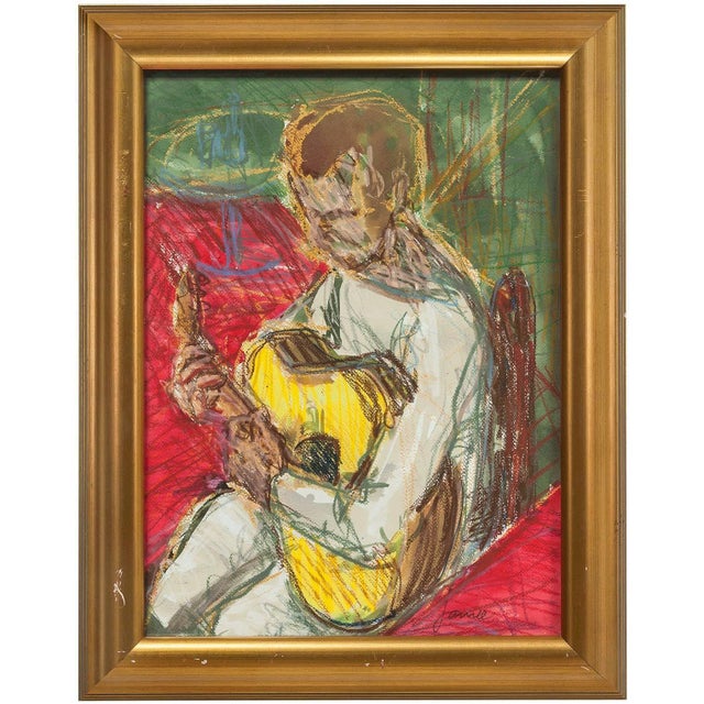 In this artwork the artist Jamie Marin-Price depicts a guitar player using vibrant colors, combined with gestural marks...
