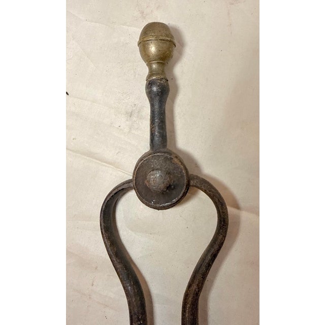 Metal Antique 18th Century Wrought Iron Turned Brass English Fireplace Tongs Tool 26 For Sale - Image 7 of 9