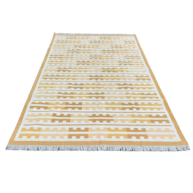 Mid-Century Modern Handmade Cotton Rug, Natural Vegetable Dyed, Yellow and White Marianne Rug - 6'x9' For Sale - Image 3 of 12