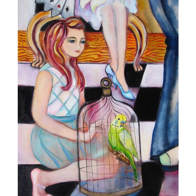 Wallflowers by Zoa Ace | Oil on Canvas Painting of figures dancing with women and animals For Sale - Image 4 of 4