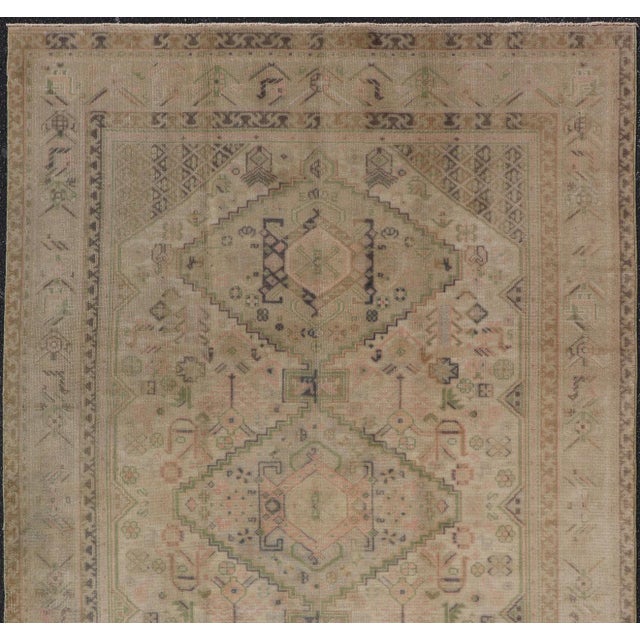 Mid 20th Century Vintage Turkish Tribal Medallion Oushak in Muted Green, Pink, and Off White For Sale - Image 5 of 16