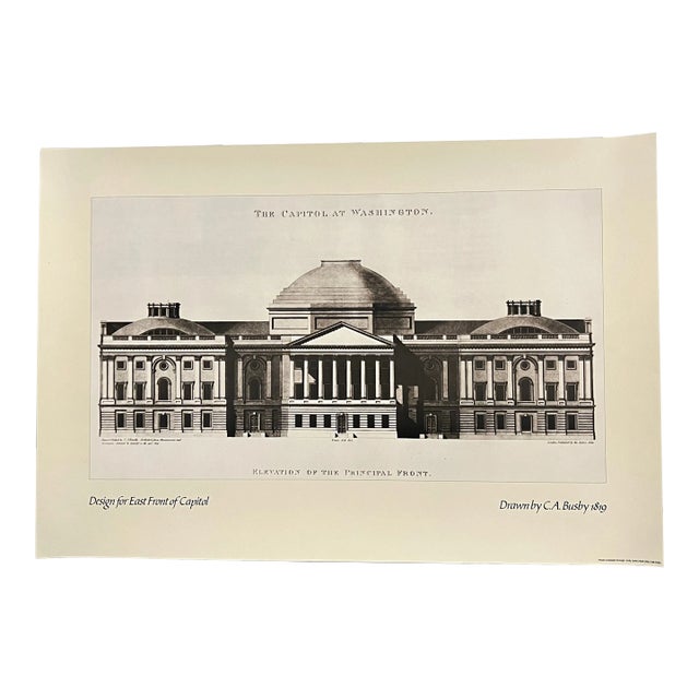 Vintage 80s Architecture Rendering Poster “East Front of Capitol” 1819 by C. A. Busby For Sale