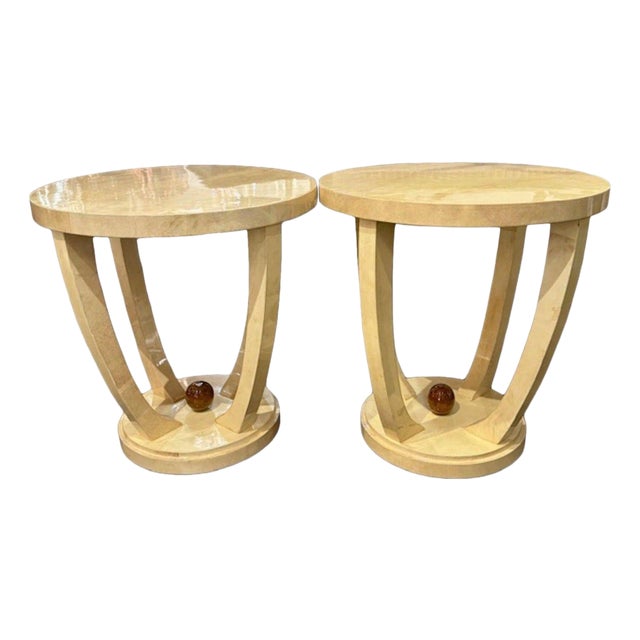 Pair of Italian Art Deco Style Creme Colored Lacquered Parchment Tables For Sale