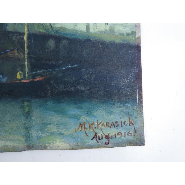 Antique 1916 oil on artist board painting of harbor at twilight by Mary K. Karasick (Born 1888) Connecticut, Russia. Clock...