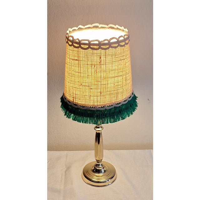 Vintage Brass Pilot Table Lamp with Fabric Shade and Green Trim, 1990s For Sale - Image 3 of 8