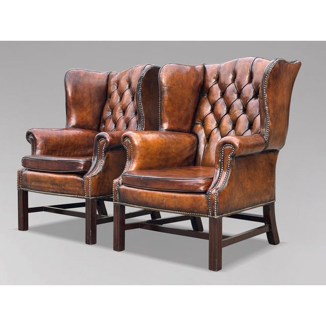 Antique Wing Back Chairs in Brown Leather, 1890, Set of 2 For Sale - Image 11 of 11