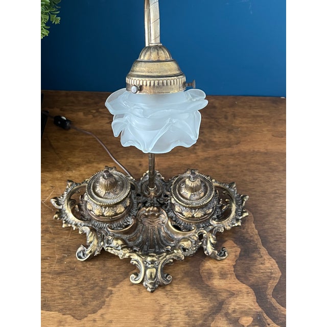 Antique Brass Desk Lamp With Frosted Glass For Sale - Image 11 of 18