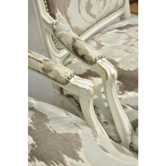 Vintage French Country Louis XV Style White Distress Painted Arm Chairs - A Pair For Sale - Image 12 of 12