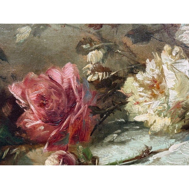Green Floral Still Life, Oil on Canvas, a Fallen Vase With Flowers, American, 1920s For Sale - Image 8 of 9
