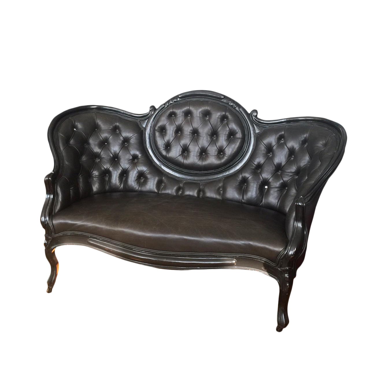 Victorian Settee Love Seat In Black Cow Hide And Black Lacguer