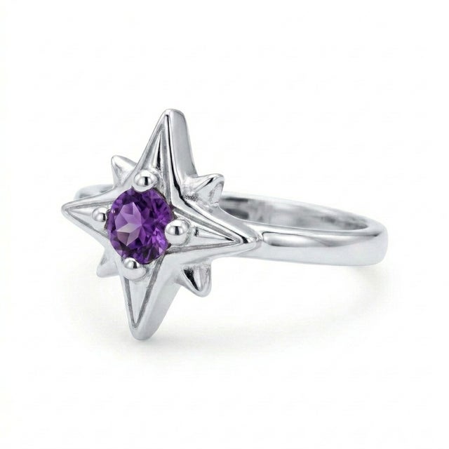 Contemporary Amethyst North Star Ring, Star-Bust Celestial Ring Us 7 For Sale - Image 3 of 5
