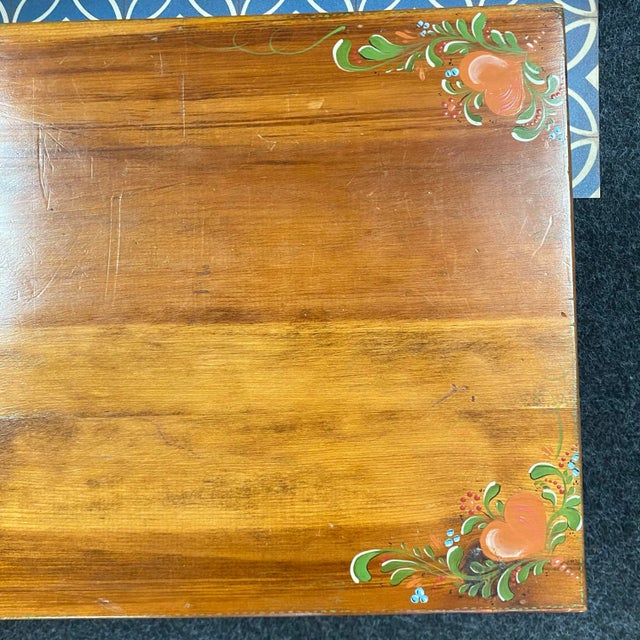 1970s Vintage Danish Style Handcrafted Folk Art Wood Bench With Hand Painted Designs For Sale - Image 5 of 14