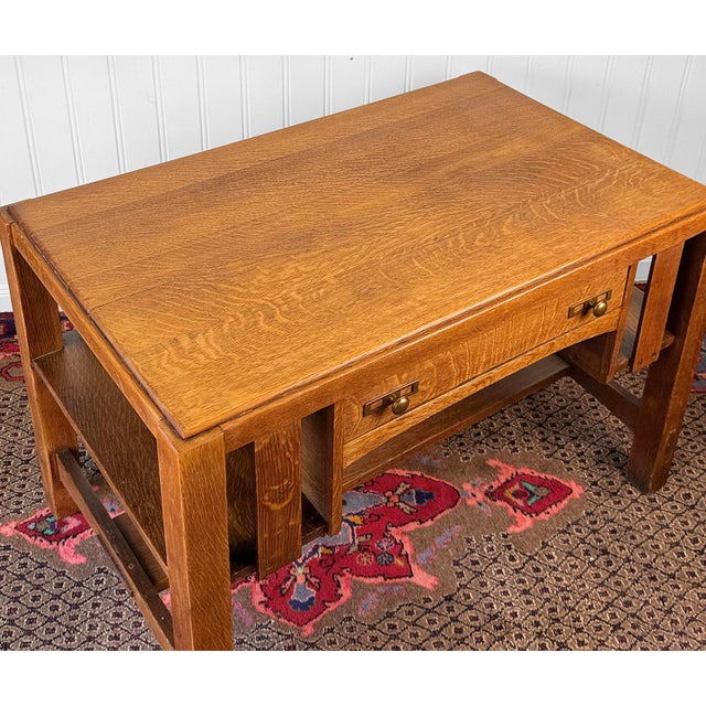 Wood Antique Charles Limbert Arts & Crafts Quartersawn Oak Writing Desk W/ Bookshelf For Sale - Image 7 of 17