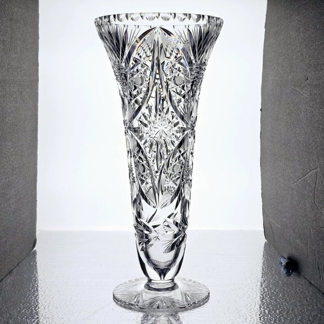 Bohemian Czech Hand Cut Glass Trumpet Vase For Sale - Image 4 of 12