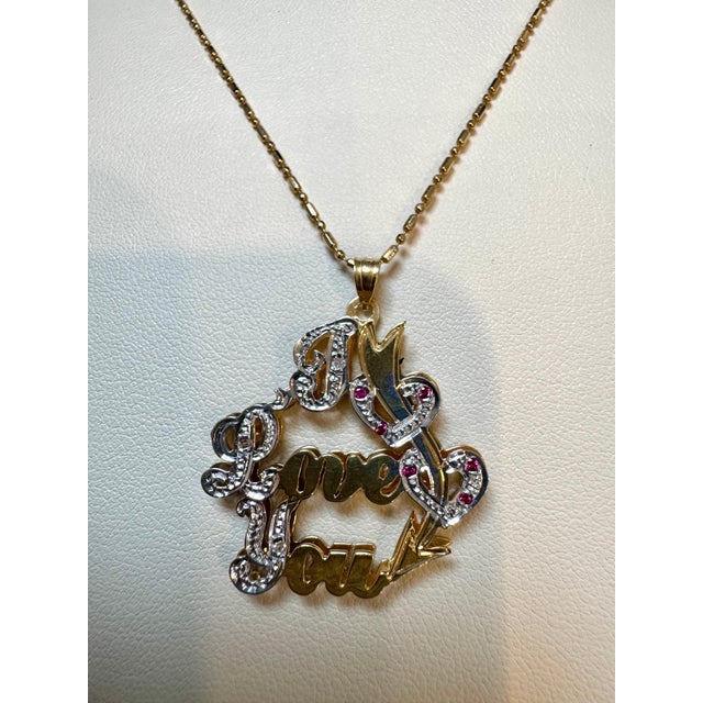 Vintage I Love You Pendant with Ruby in 14 K Yellow Gold Chain, 16" Long, 5.8gm For Sale - Image 4 of 18