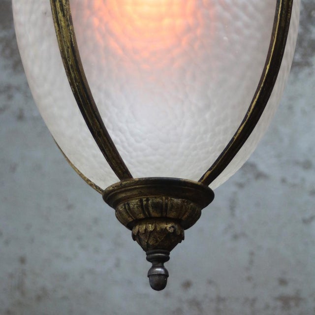 1920s French Art Nouveau Brass and Etched Glass Lantern Pendant Light, 1920s For Sale - Image 5 of 12