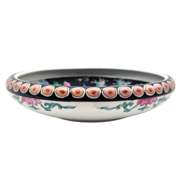 Nippon-Style Moriage 11-Inch Black-Ground Bowl With Birds and Peonies For Sale - Image 13 of 17