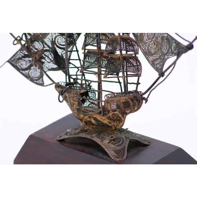 Silver Filigree Caravel with Wooden Base For Sale - Image 5 of 8
