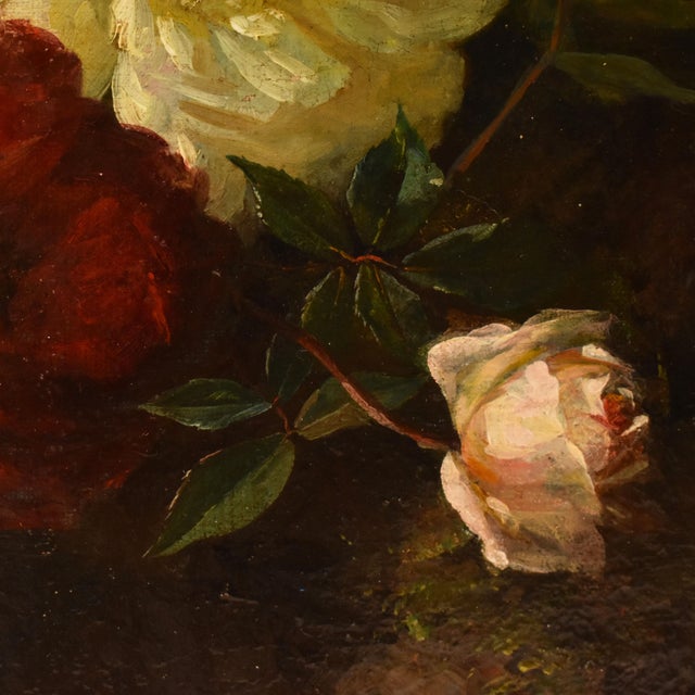 Jean-Marie Poy, Still Life Flowers Vase Red and White Roses, 1800s, Oil on Canvas For Sale - Image 5 of 11