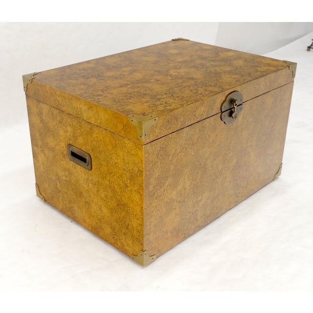 Campaign Faux Tortoise Finish Hand Painted Decorated Campaign Style Trunk Box MINT For Sale - Image 3 of 16