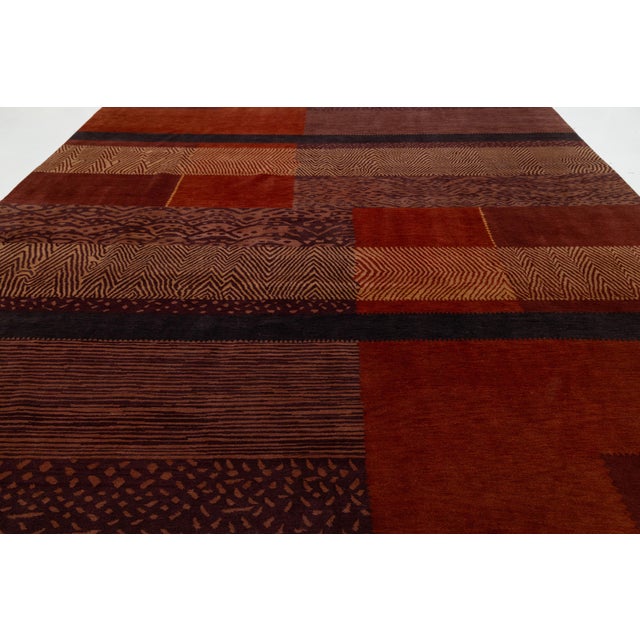 2010s Modern Tibetan Hand-Knotted Wool & Silk Rug With Patchwork Design in Red Tones For Sale - Image 5 of 10