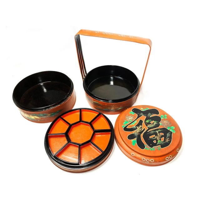 Beautiful vintage early mid century Chinese lacquer hand painted wedding basket / box with with three tiers and a handle....