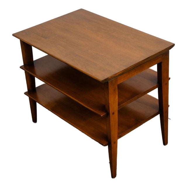 1960s Mid Century Modern Table Solid Wood End Side Nightstand 3 Tier Vintage Rectangular For Sale