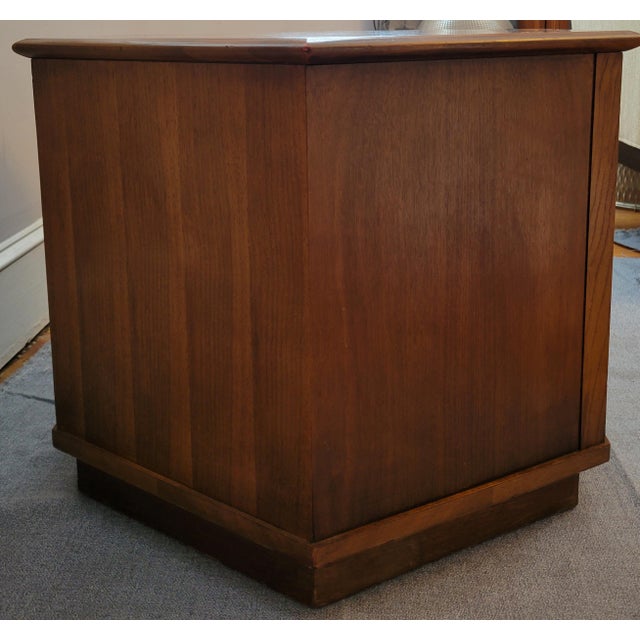 Circa 1970 Mid-Century Modern Hexagonal Walnut Side Table With Large Cabinet For Sale In Baltimore - Image 6 of 9