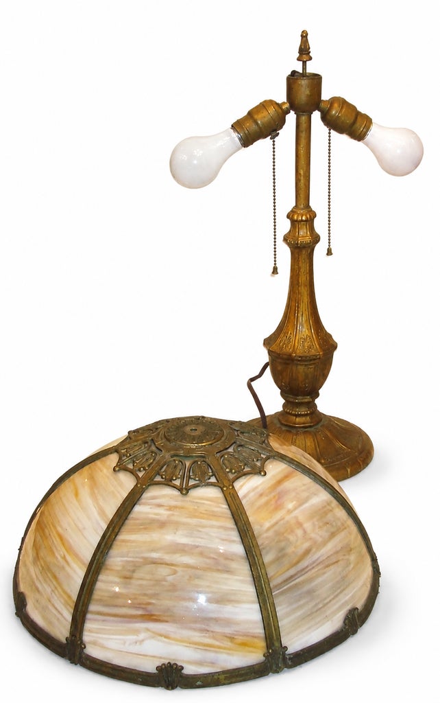 Vintage Amber Slag Glass Table Lamp With Ornate Metal Base — view 3