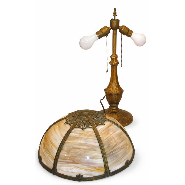 Art Nouveau Vintage Amber Slag Glass Table Lamp With Ornate Metal Base For Sale - Image 3 of 7