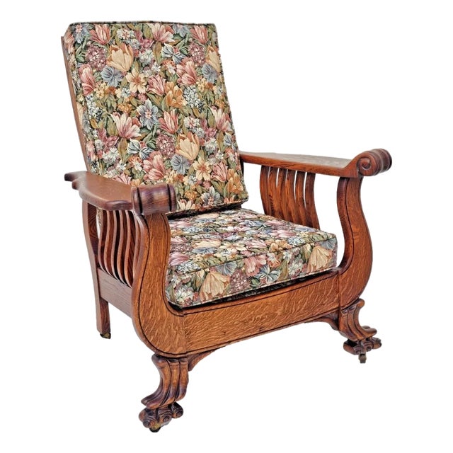 Antique Arts & Crafts Tiger Oak Morris Recliner Chair With Push Button Mechanism c.1900 For Sale