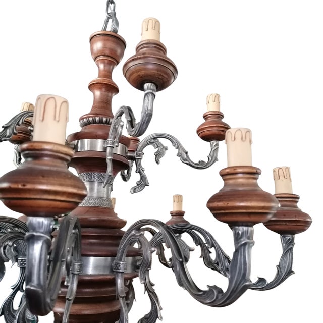 Baroque Baroque Style 15-Light Chandelier in Metal and Wood, 1950s For Sale - Image 3 of 9